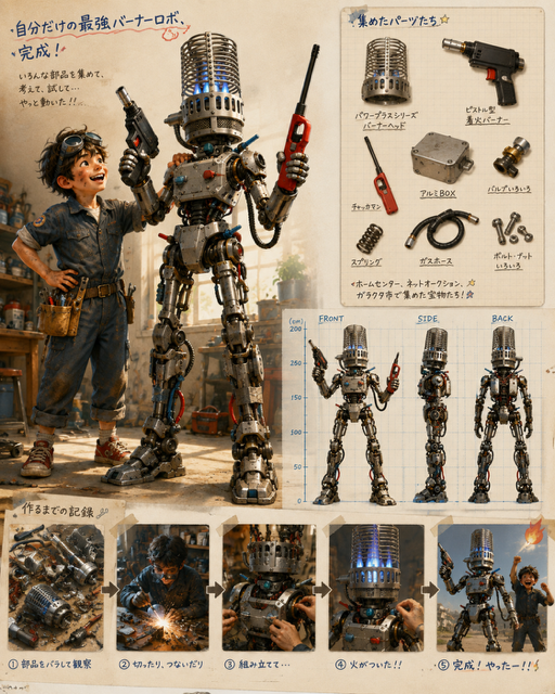 ソラくんが部品を集め、相棒のバーナーロボを組み立てた制作ノート
