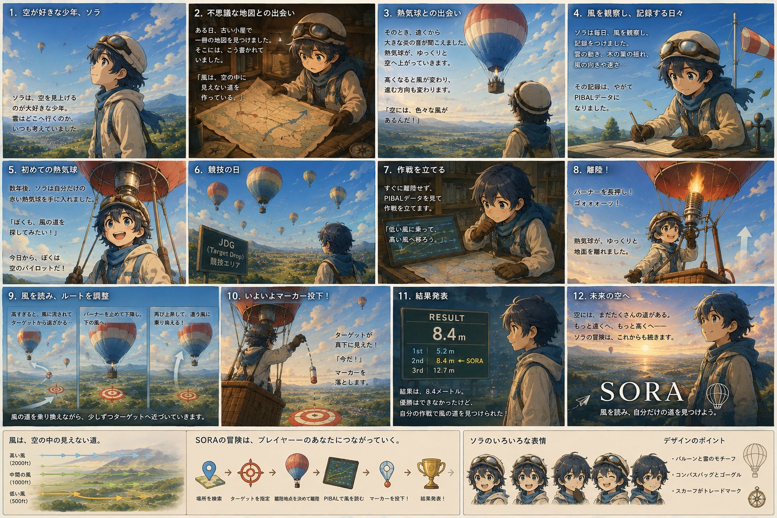 全12コマの物語。空が好きな少年ソラが、風は空の中の見えない道だと知り、風を記録し、熱気球を手に入れ、JDG競技でパイバルデータから作戦を立て、風を乗り換えながらターゲットへ近づき、マーカーを投下して 8.4m の結果を得るまで。